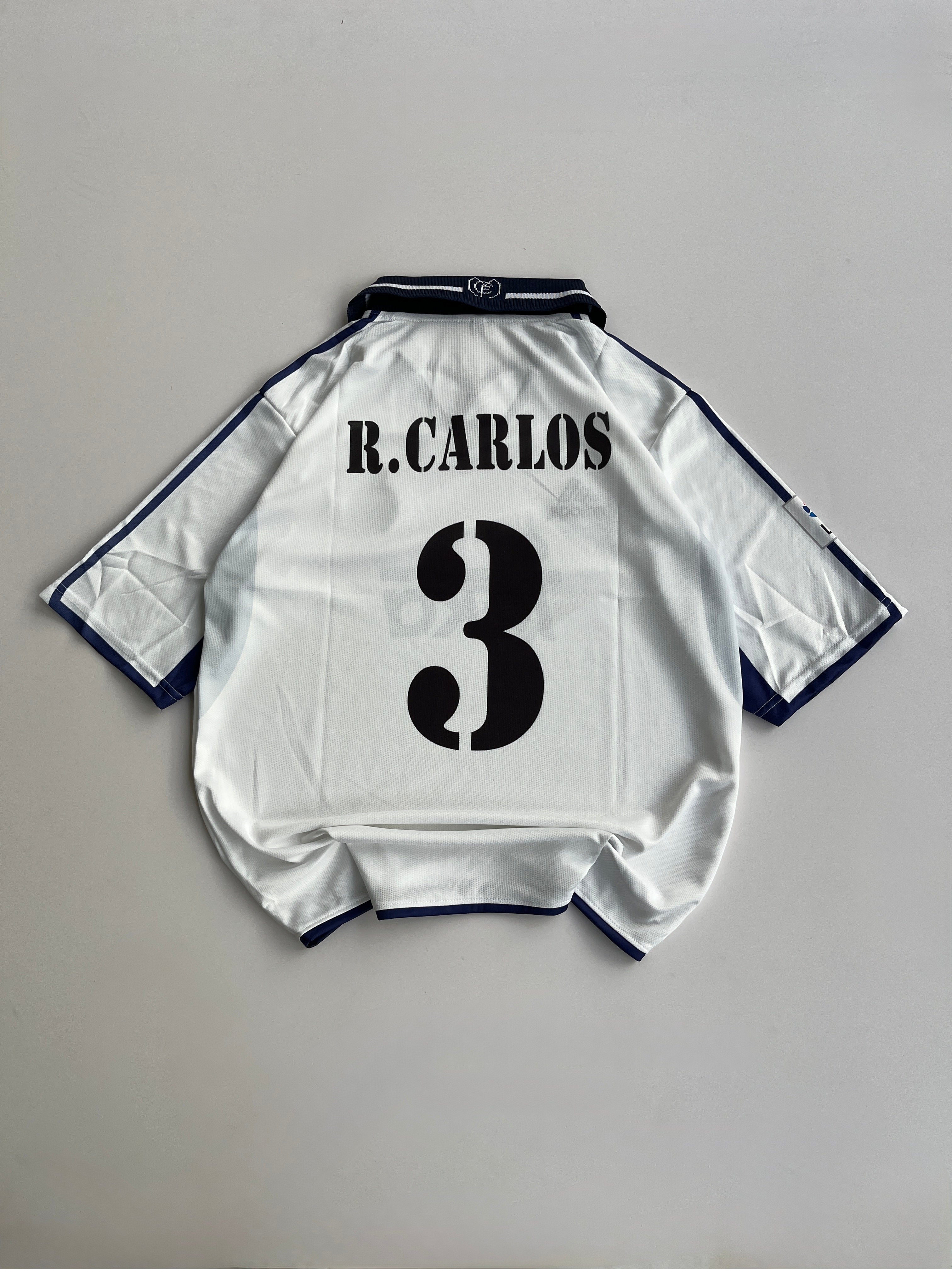 R.CARLOS 3 REAL MADRID 1999/00 RETRO HOME KIT EMBROIDERY FIVE SLEEVE