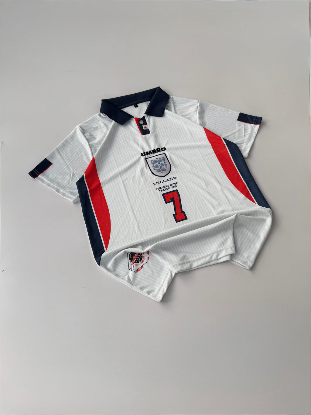 BECKHAM 7 ENGLAND 1998 WORLD CUP RETRO HOME KIT EMBROIDERY POLO