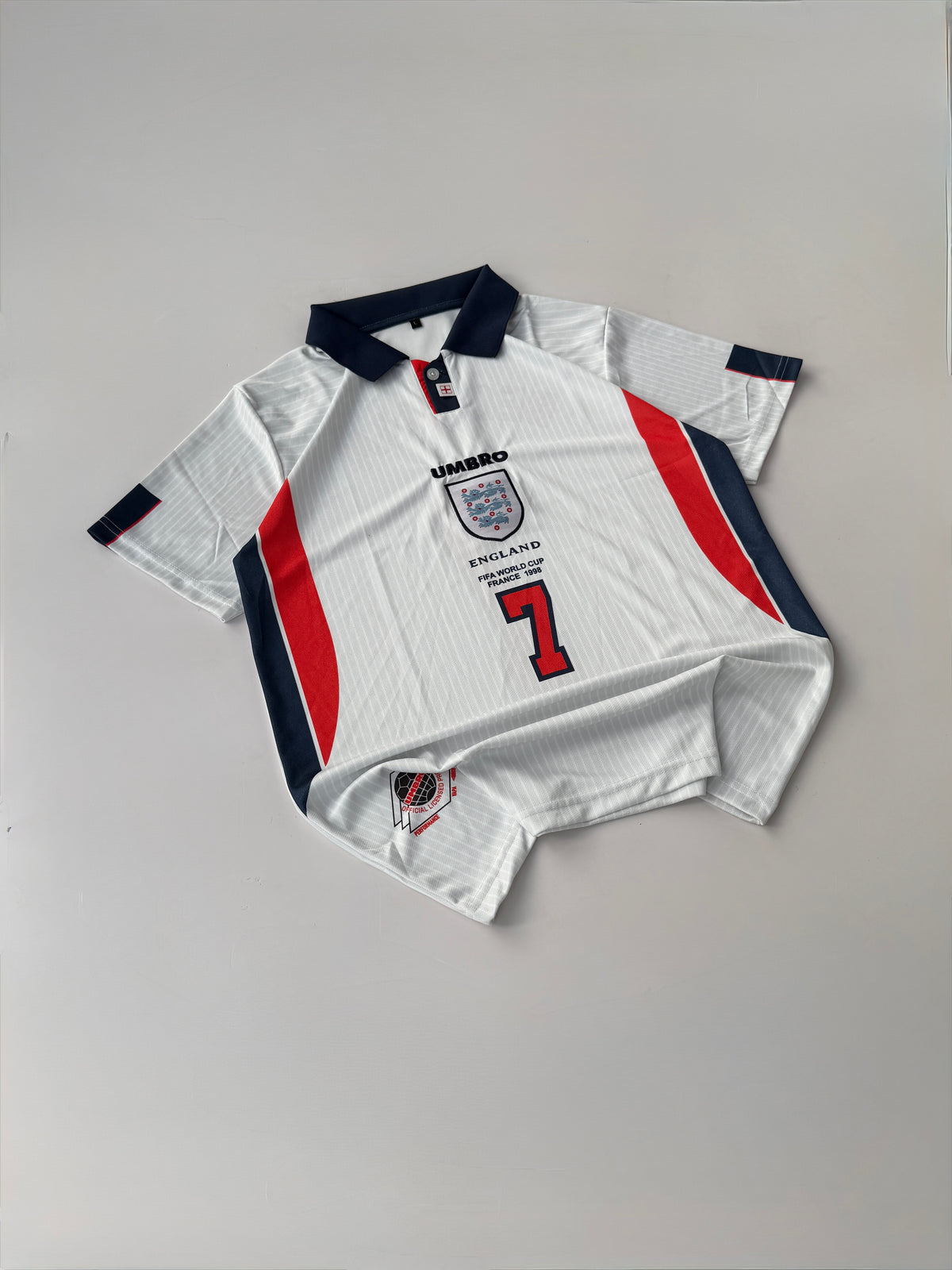BECKHAM 7 ENGLAND 1998 WORLD CUP RETRO HOME KIT EMBROIDERY POLO